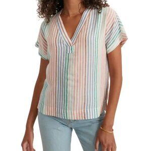 Marine Layer Bali Rainbow Stripe Tunic Top | V-Neck | Cap Sleeves | Pleated Back